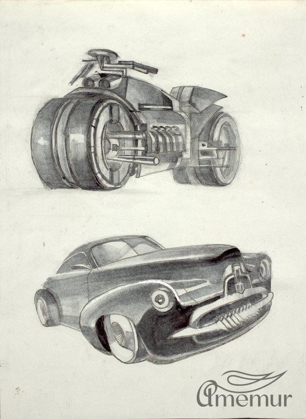 Картина современного художника Натальи Ротовой "Мотоцикл и автомобиль"