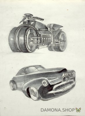 Картина современного художника Натальи Ротовой "Мотоцикл и автомобиль"