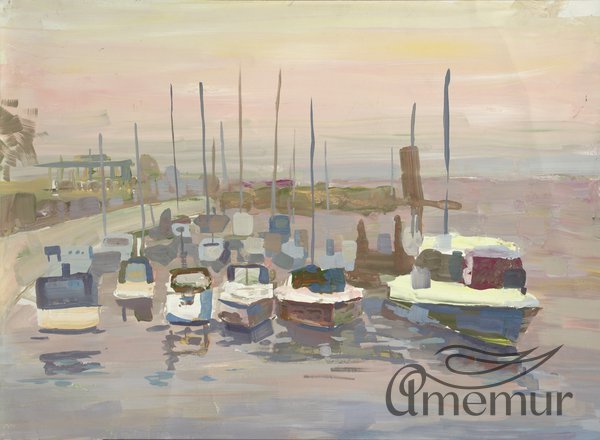 Painting by a contemporary artist "Yachts at Sunset"