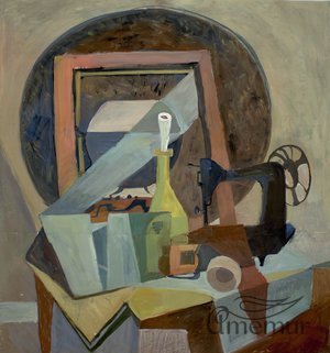 Painting "Decorative still life with a sewing machine" by Natalia Rotova, contemporary artist