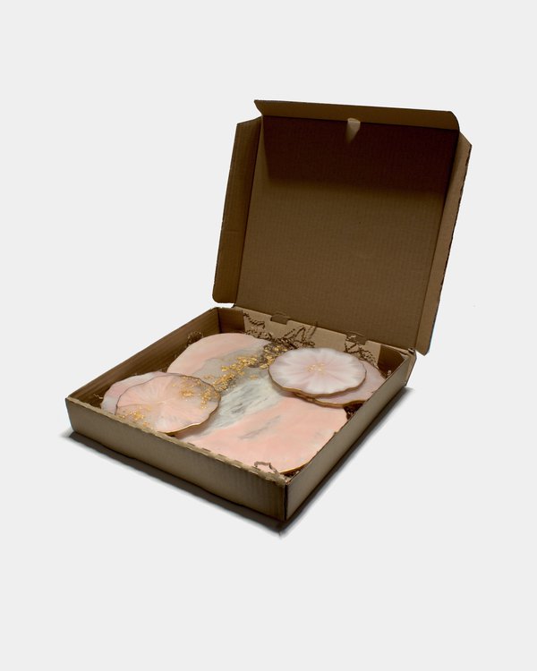 A set of coasters made of epoxy resin "Flamingo" in a gift box with filler